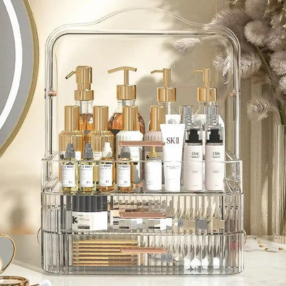Clear multi-tier makeup organiser with lid, tiered storage for bottles and jars