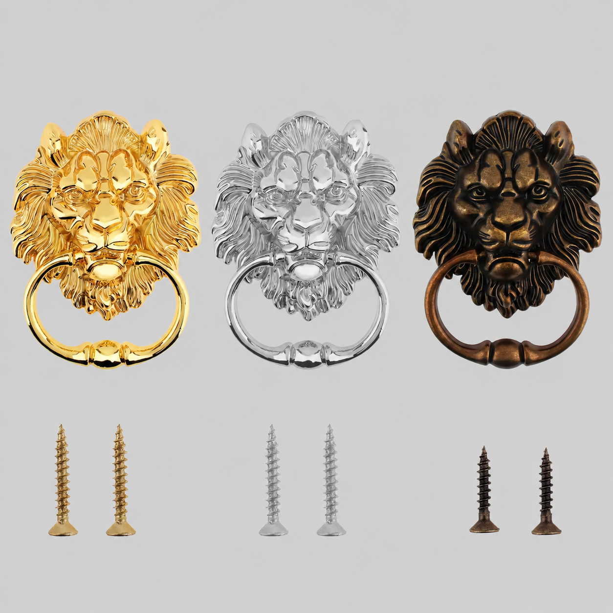 Lion door knocker set in gold, chrome, bronze, with mounting screws