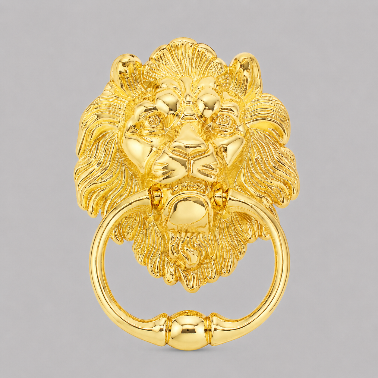Gold lion head door knocker with raised mane and ring
