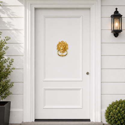 Gold lion head door knocker mounted on front door panel