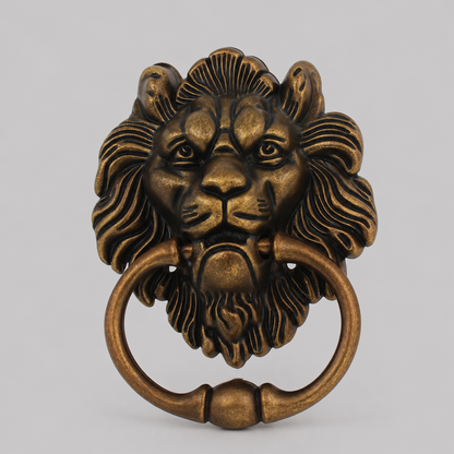 Bronze lion head door knocker with curved ring handle