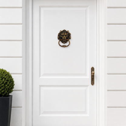 Bronze lion head door knocker mounted on front door panel