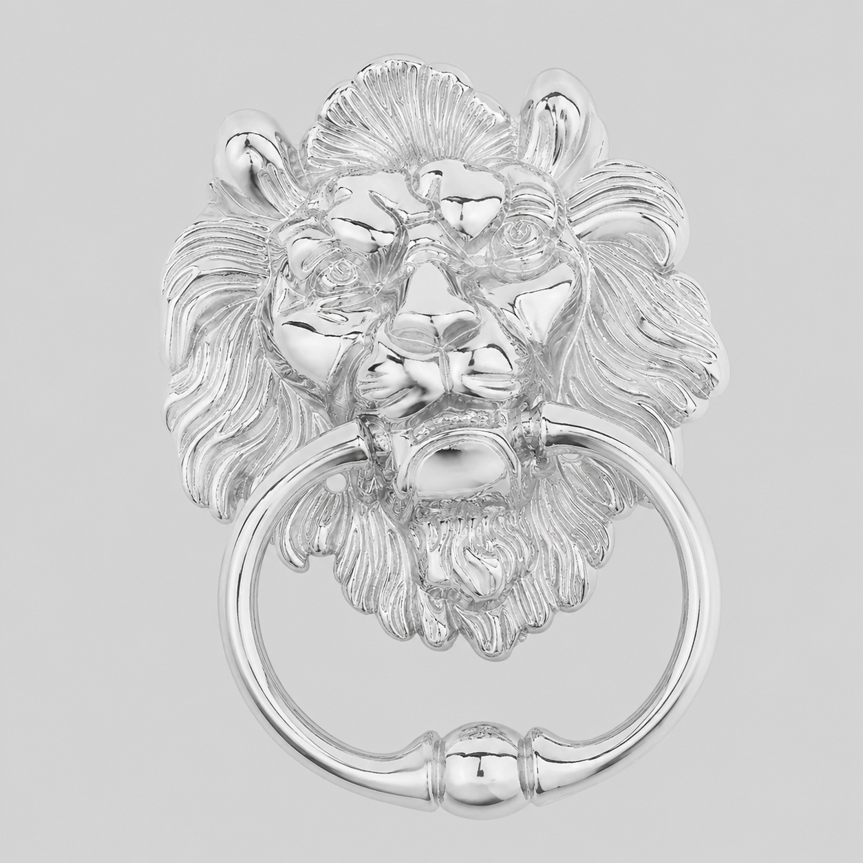 Chrome lion head door knocker with mirror-finish ring