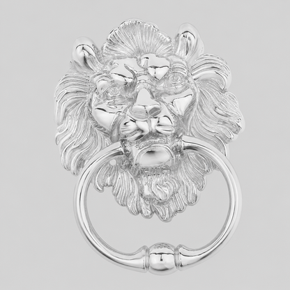 Chrome lion head door knocker with mirror-finish ring