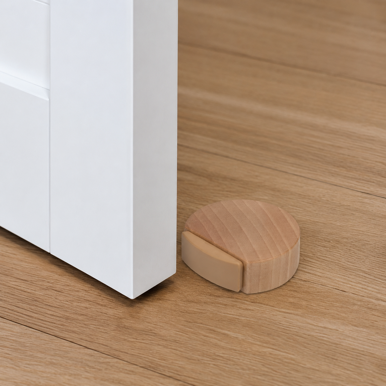 Low-profile wooden self-adhesive door stop installed on a wood floor