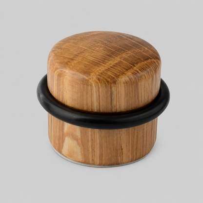 Cylinder wooden self-adhesive door stop with black rubber bumper