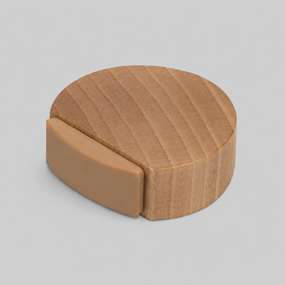 Low-profile wooden self-adhesive door stop with light tan bumper