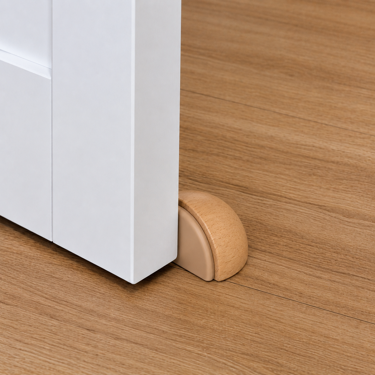Half-dome wooden self-adhesive door stop installed against a door
