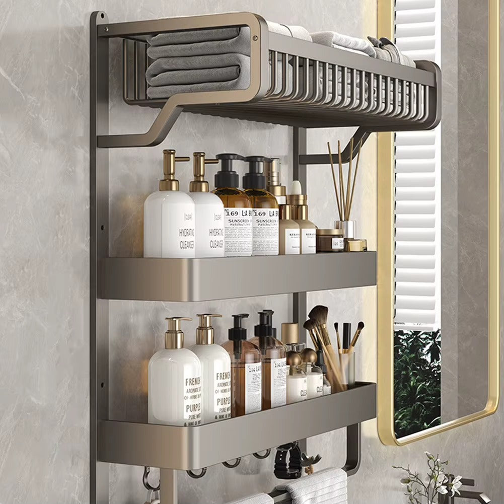Wall-mounted aluminum bathroom shelf with towel bar, multi-shelf bottle storage, hooks