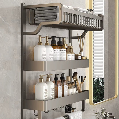Wall-mounted aluminum bathroom shelf with towel bar, multi-shelf bottle storage, hooks