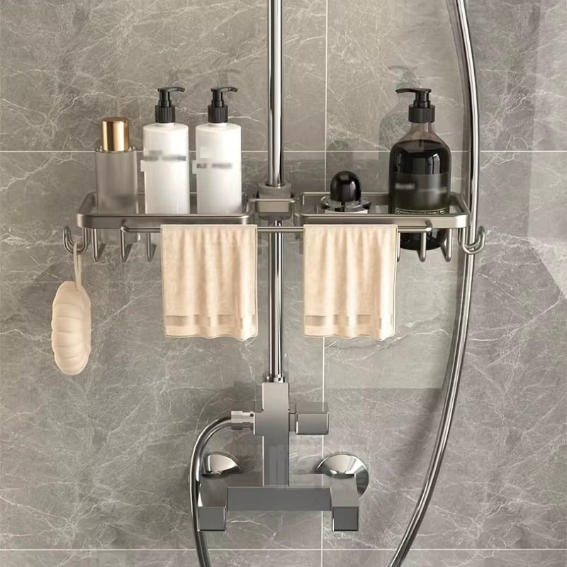 Shower riser rail caddy with two towel bars and multiple dispenser bottle shelves