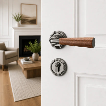 Interior door lock handle with brown wood lever and brushed silver round rosettes