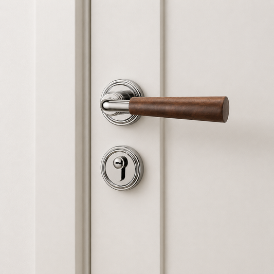 Interior door lock handle with brown wood lever and silver round rosettes
