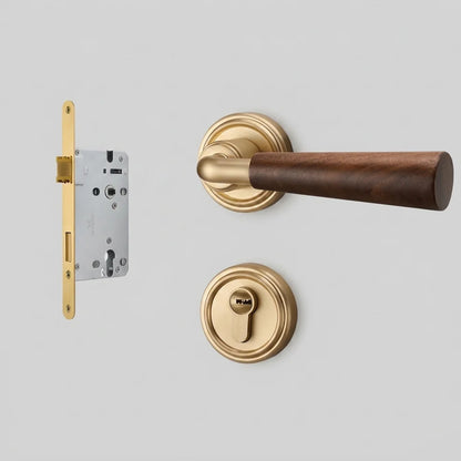 Interior door lock handle set with brown wood lever and gold round rosettes