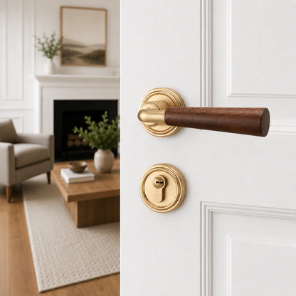 Interior door lock handle with brown wood lever and champagne gold round rosettes