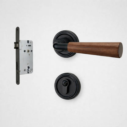 Interior door lock handle set with brown wood lever and matte black round rosettes