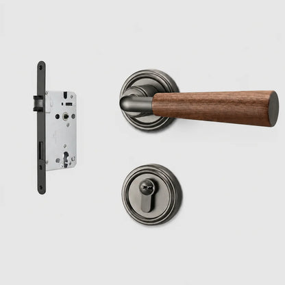 Interior door lock handle set with brown wood lever and dark silver round rosettes