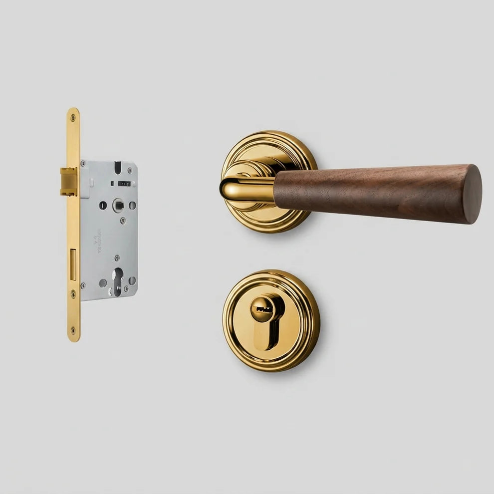 Interior door lock handle set with brown wood lever and polished gold round rosettes