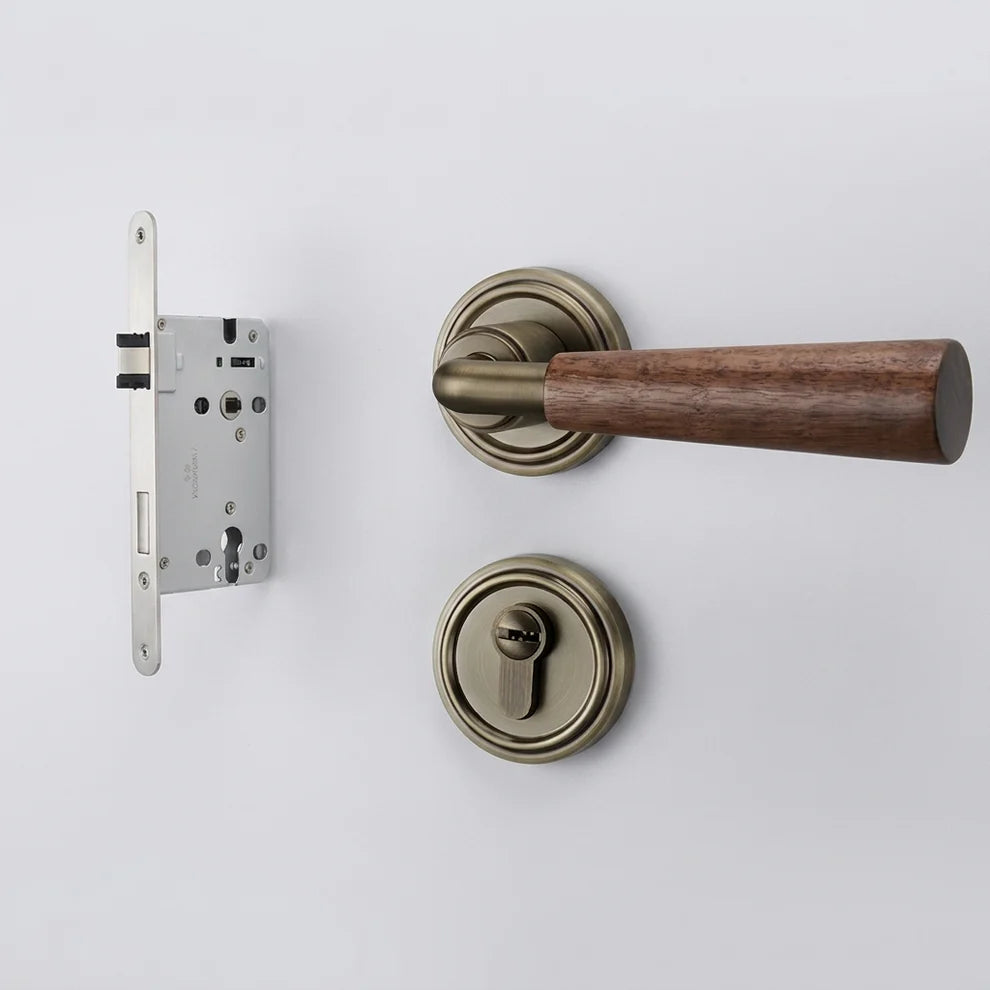 Interior door lock handle set with brown wood lever and aged silver round rosettes