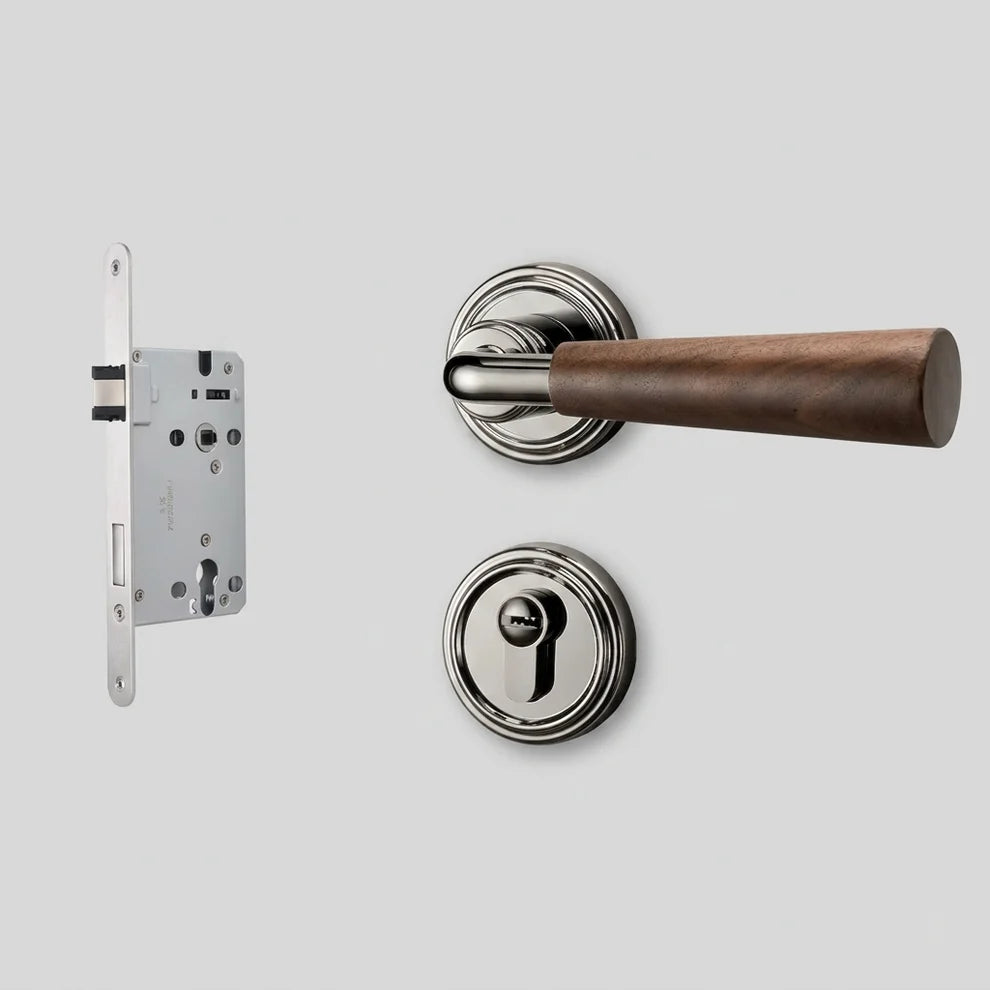 Interior door lock handle set with brown wood lever and chrome-silver round rosettes