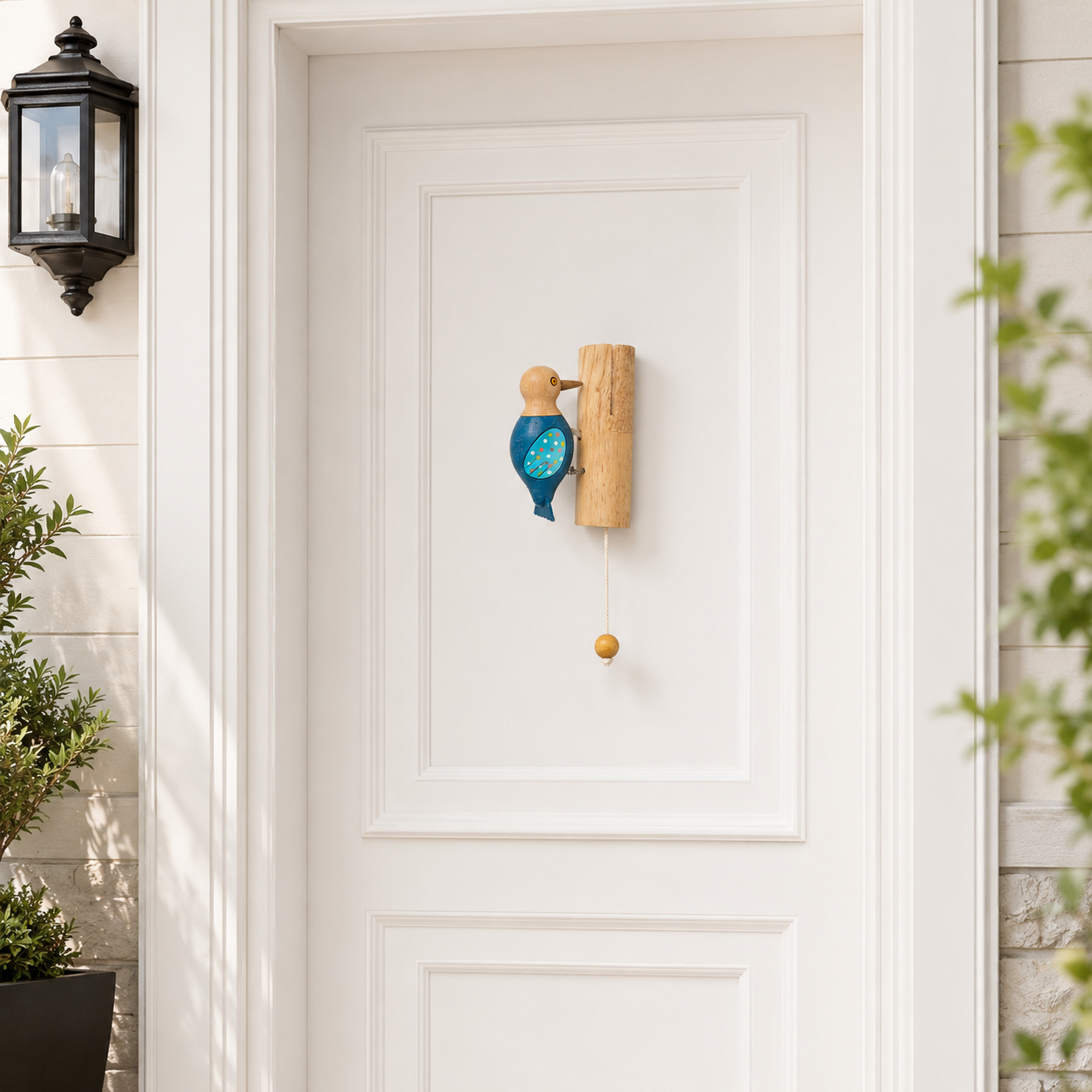 Woodpecker door knocker with blue speckled body, light wood backplate, hanging ball cord