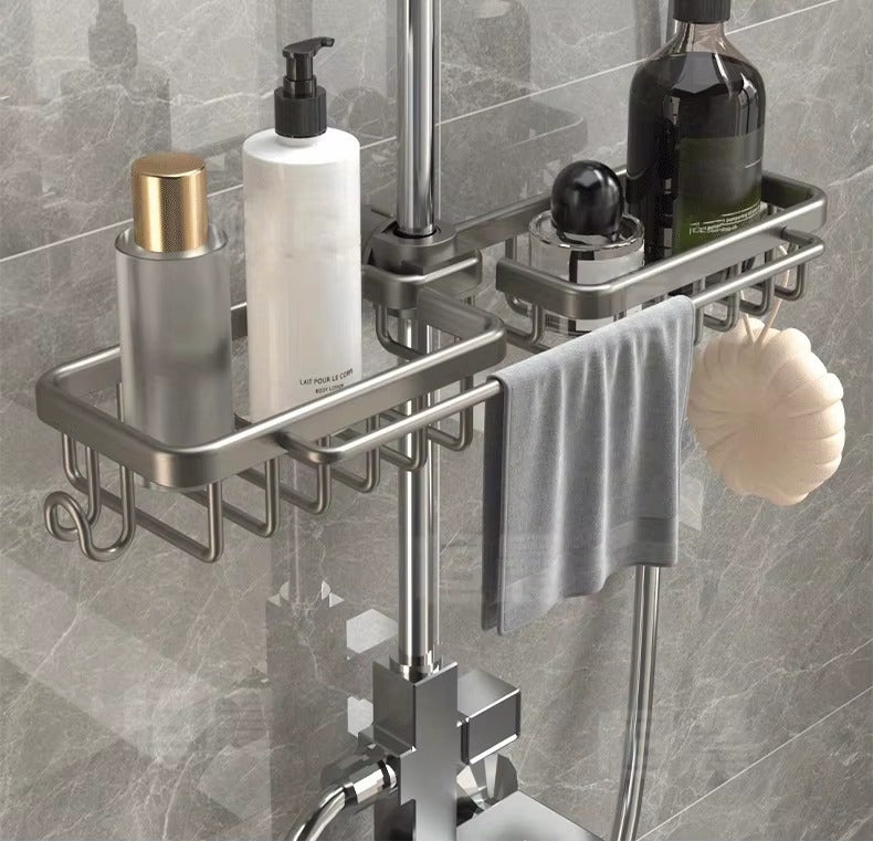 Shower riser rail caddy with metal shelves and gray hanging towel holders