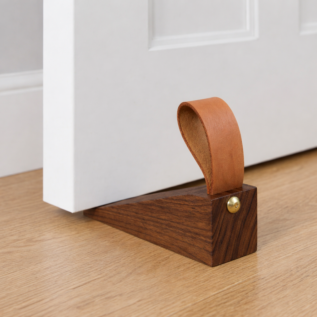 Tepora wooden wedge door stop, walnut wedge with tan rubber bumper and brass button