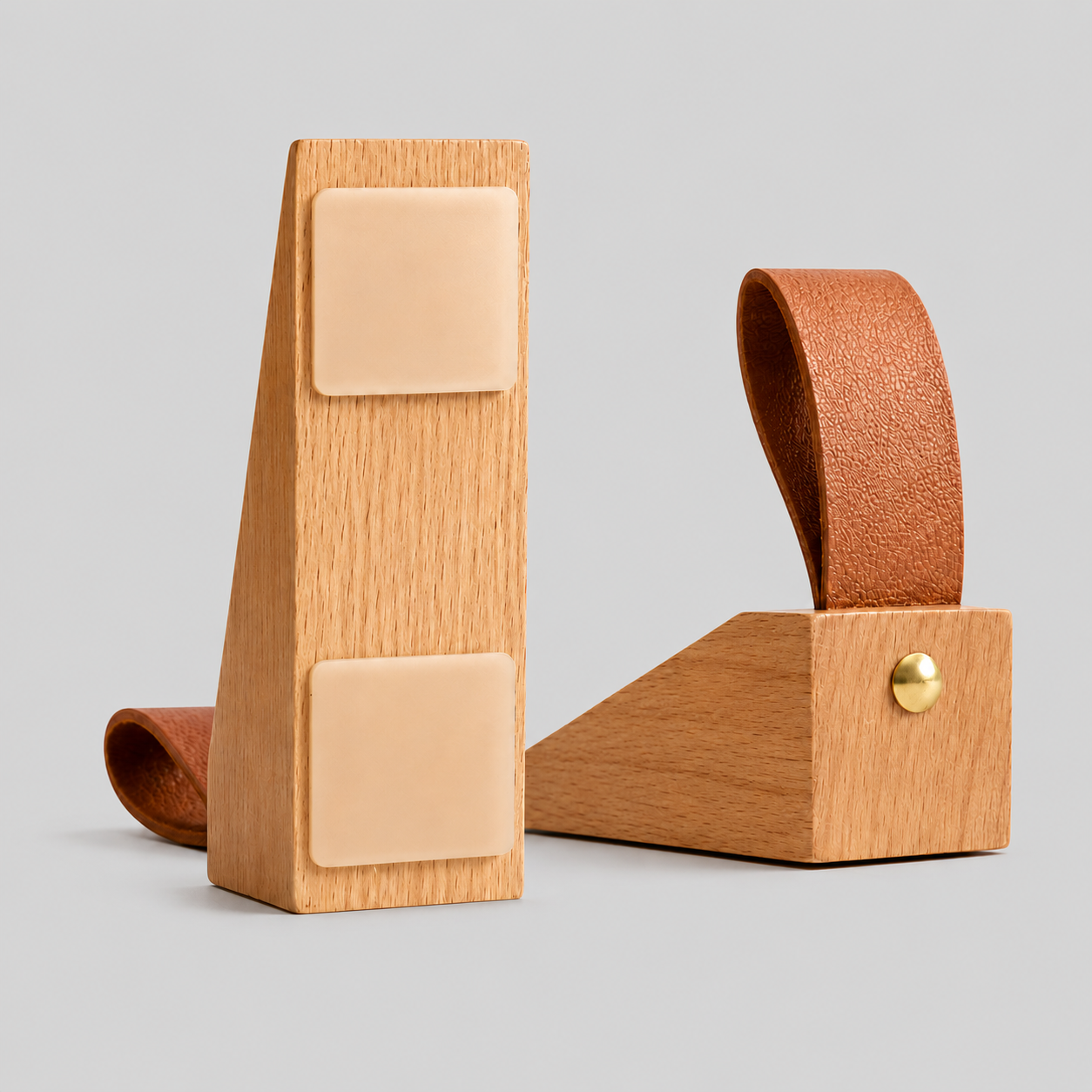 Tepora wooden wedge door stop, beech with two square pads; walnut with brass screw
