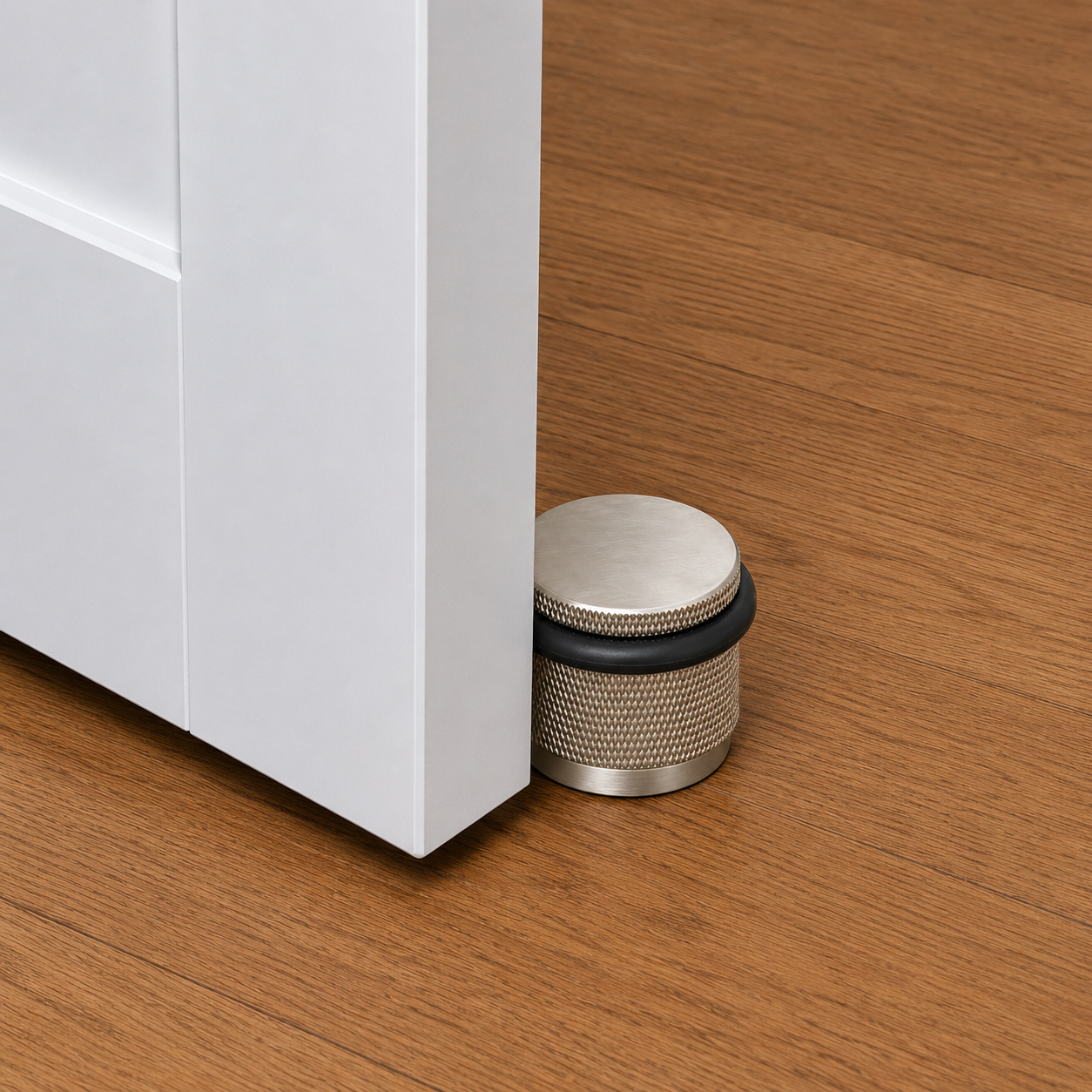 Silver knurled door stop installed at door base with black rubber ring