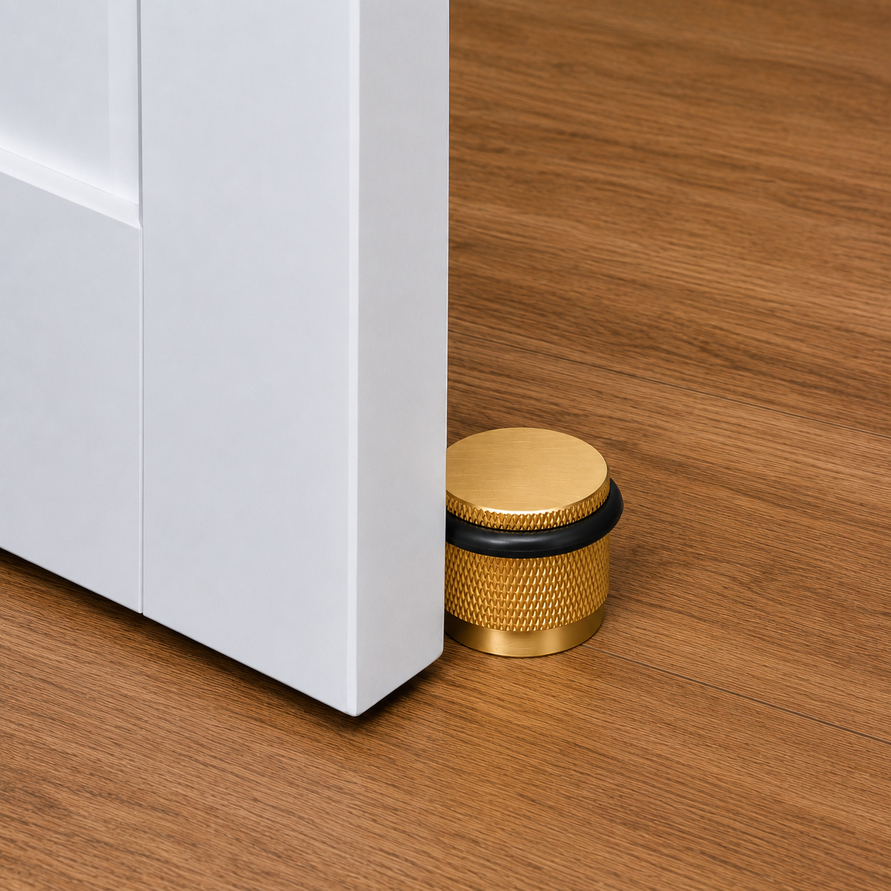 Brass knurled door stop installed at door base with round gold top