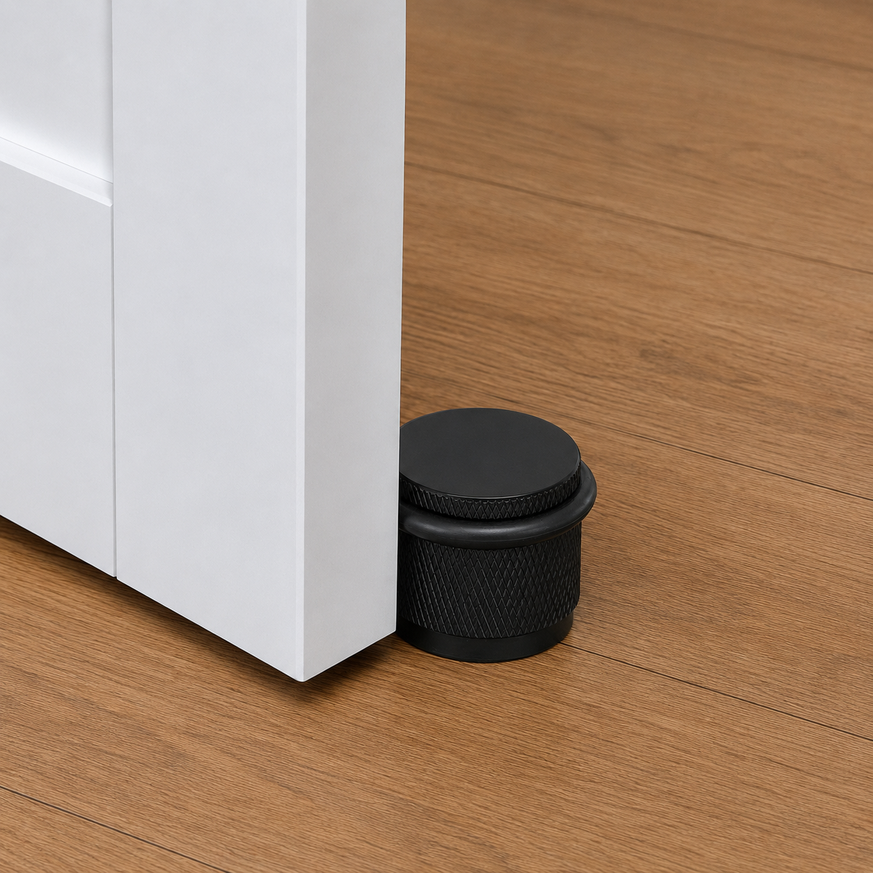 Black knurled door stop installed at door base with round black top cap