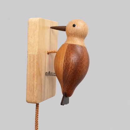 Wooden woodpecker door knocker with carved bird and hinged striker plate
