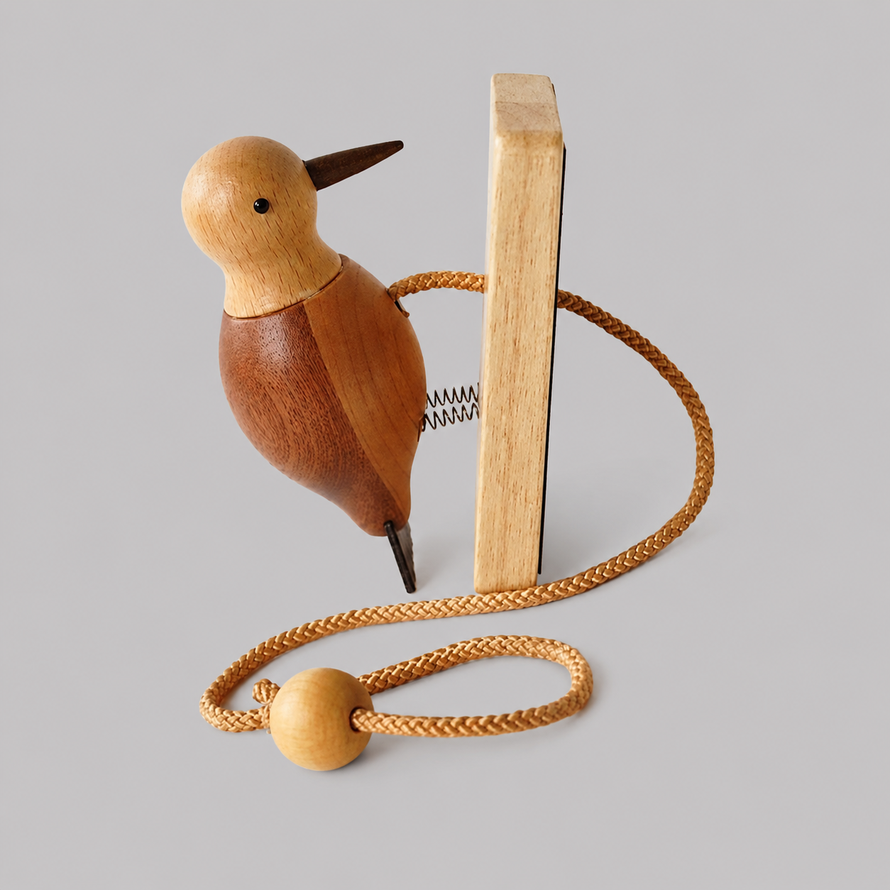 Woodpecker door knocker set with carved bird, mounting post, and braided cord loop