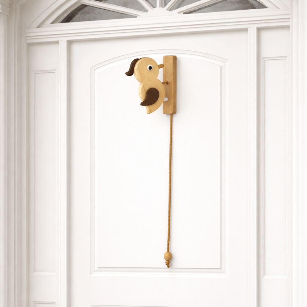 Wooden woodpecker door knocker mounted on a door with braided cord pull