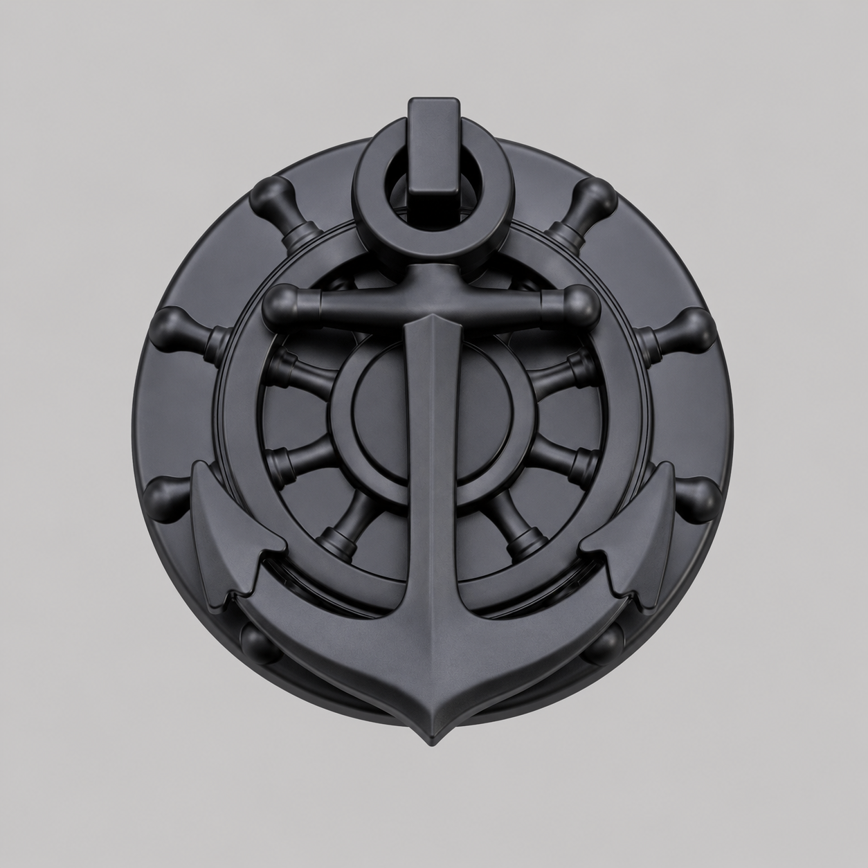 Brushed black nautical anchor door knocker with circular helm design and anchor cross