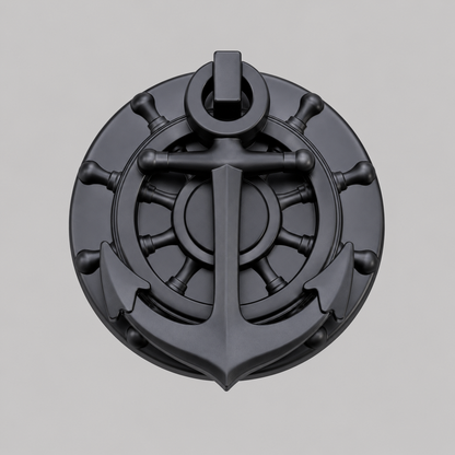 Brushed black nautical anchor door knocker with circular helm design and anchor cross