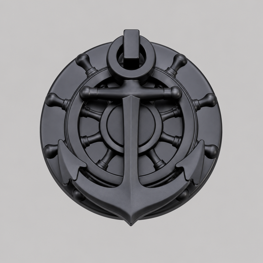 Brushed black nautical anchor door knocker with circular helm design and anchor cross