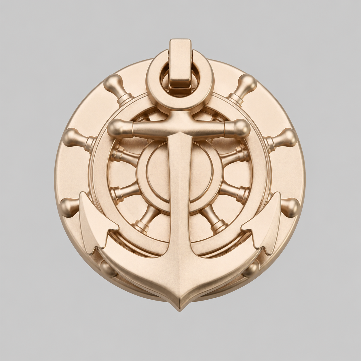 Brush brass nautical anchor door knocker with circular helm design and anchor cross