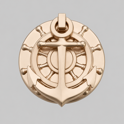 Brush brass nautical anchor door knocker with circular helm design and anchor cross