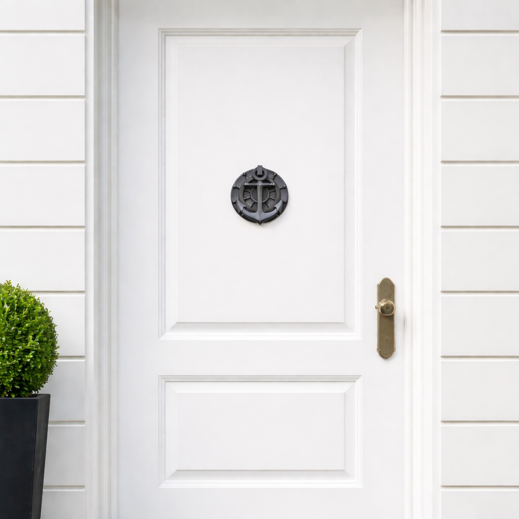 Dark nautical anchor door knocker mounted on a white door with circular helm and cross