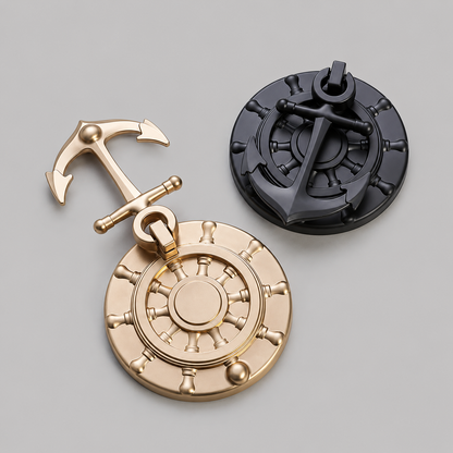Two nautical anchor door knockers: brushed black and brush brass circular helm anchor cross
