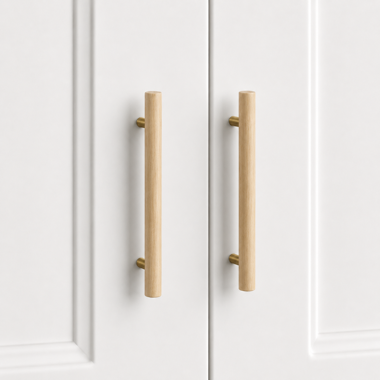 Nordic T-bar cabinet handle, pale wood with gold mounting posts