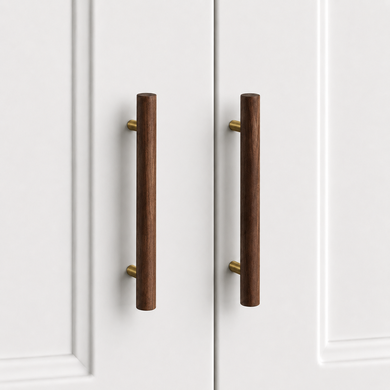 Nordic T-bar cabinet handle, dark wood with gold mounting posts