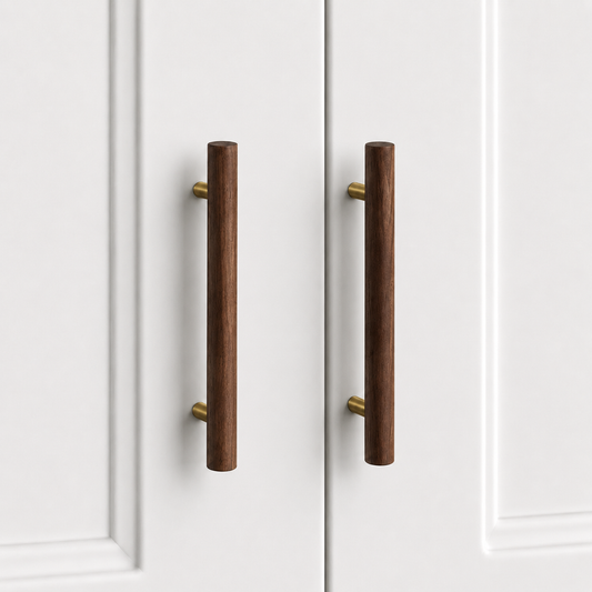 Nordic T-bar cabinet handle, dark wood with gold mounting posts