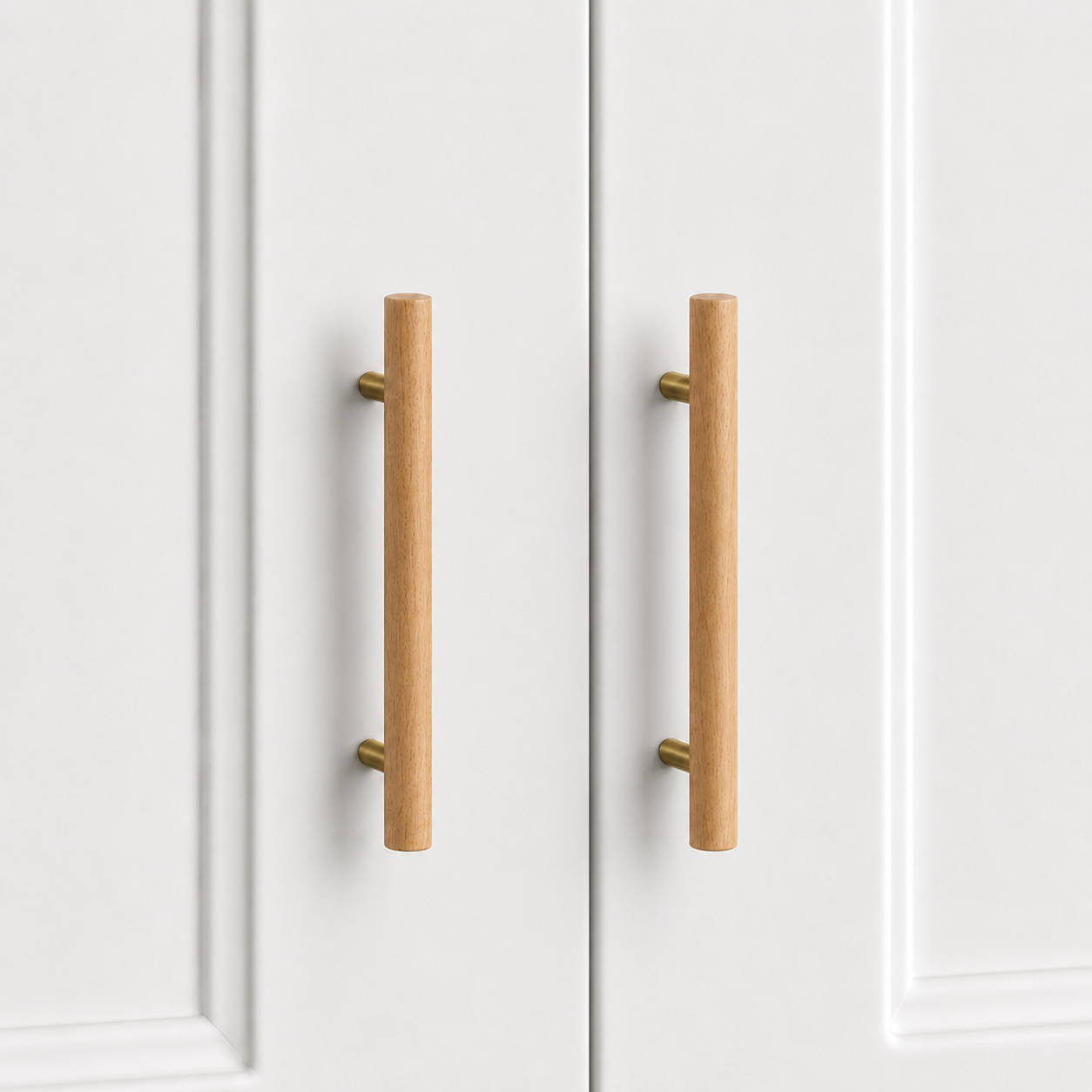 Nordic T-bar cabinet handle, light wood with gold mounting posts