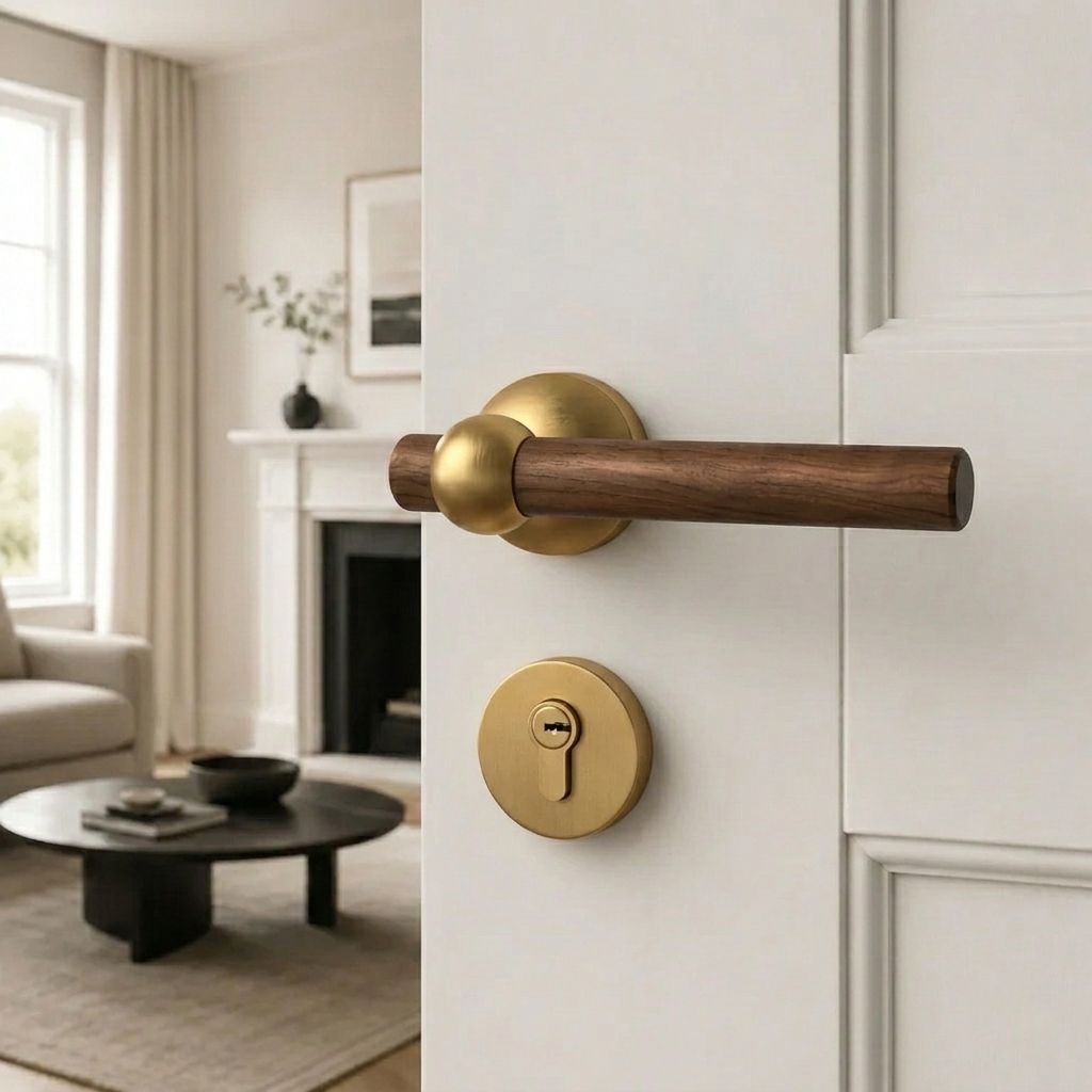 Walnut door lock handle with gold lever and gold round key cylinder
