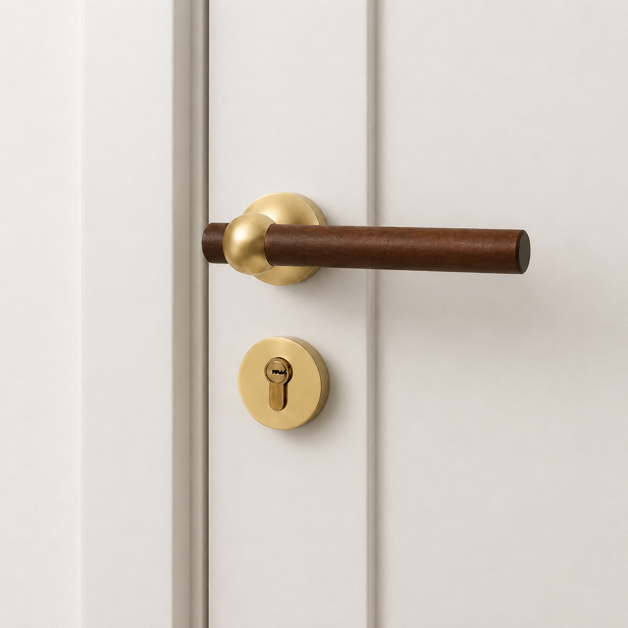 Walnut door lock handle with gold lever and round key cylinder