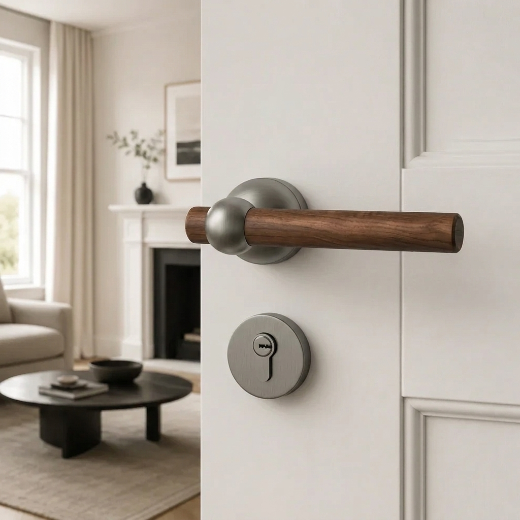 Walnut door lock handle with gray lever and round key cylinder