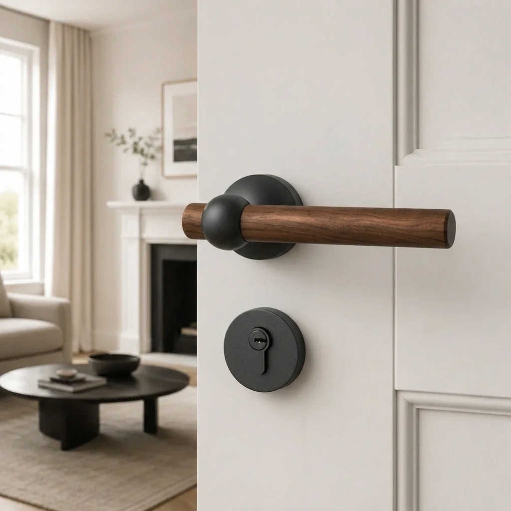 Walnut door lock handle with black lever and round key cylinder