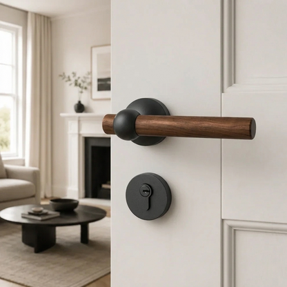 Walnut door lock handle with black lever and round key cylinder